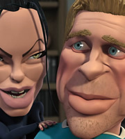 Evil Angelina Jolie and dumb Brad Pitt in Headcases episode three. Copyright: Red Vision