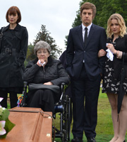 Hebburn. Image shows from L to R: Pauline Pearson (Gina McKee), Dot (Pat Dunn), Jack Pearson (Chris Ramsey), Sarah Pearson (Kimberley Nixon). Copyright: Channel X North / Baby Cow Productions