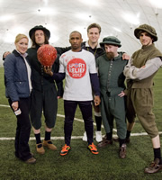 Horrible Histories With Stephen Fry. Image shows from L to R: Martha Howe-Douglas, Laurence Rickard, Jermain Defoe, Ben Willbond, Jim Howick, Mathew Baynton. Copyright: Lion Television / Citrus Television