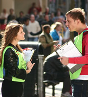 How Not To Live Your Life. Image shows from L to R: Charity Worker (Scarlett Rose Patterson), Don Danbury (Dan Clark). Copyright: Brown Eyed Boy