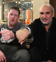 Ideal. Image shows from L to R: Moz (Johnny Vegas), Alan Yentob. Copyright: Baby Cow Productions