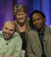 It's Only A Theory. Image shows from L to R: Andy Hamilton, Judge (Clare Balding), Reginald D Hunter. Copyright: Hat Trick Productions