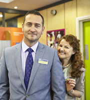 The Job Lot. Image shows from L to R: Greg (Will Mellor), Trish (Sarah Hadland). Copyright: Big Talk Productions