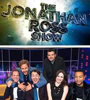 The Jonathan Ross Show. Image shows from L to R: Kiefer Sutherland, Chris O'Dowd, Jonathan Ross, Kevin Bridges, Emily Mortimer, John Legend. Copyright: Hot Sauce / ITV Studios