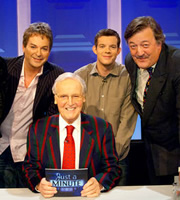 Just A Minute. Image shows from L to R: Julian Clary, Nicholas Parsons, Russell Tovey, Stephen Fry. Copyright: BBC