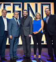 Kevin Bridges Live At.... Image shows from L to R: Hal Cruttenden, Jack Dee, Kevin Bridges, Kerry Godliman, Frankie Boyle. Copyright: Open Mike Productions