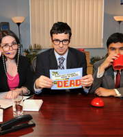 The King Is Dead. Image shows from L to R: Katy Wix, Simon Bird, Nick Mohammed. Copyright: TalkbackThames