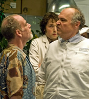 Lab Rats. Image shows from L to R: Professor John Mycroft (Geoffrey McGivern), Dr Alex Beenyman (Chris Addison), Dr Vaabit (Mike McShane). Copyright: BBC