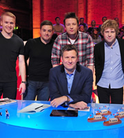 The Last Leg. Image shows from L to R: Jonnie Peacock, Alex Brooker, Jamie Oliver, Adam Hills, Josh Widdicombe. Copyright: Open Mike Productions