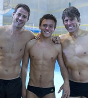 A League Of Their Own. Image shows from L to R: Jamie Redknapp, Tom Daley, John Bishop. Copyright: CPL Productions