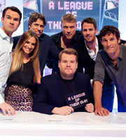 A League Of Their Own. Image shows from L to R: Jimmy Carr, Georgie Ainslie, John Bishop, James Corden, Andrew Flintoff, Jamie Redknapp, Mark Webber. Copyright: CPL Productions