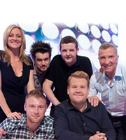 A League Of Their Own. Image shows from L to R: Gabby Logan, Jack Whitehall, Andrew Flintoff, Kevin Bridges, James Corden, Graeme Souness. Copyright: CPL Productions