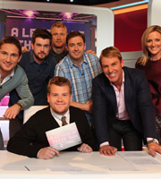 A League Of Their Own. Image shows from L to R: Frank Lampard, Jack Whitehall, James Corden, Andrew Flintoff, Jason Manford, Shane Warne, Gabby Logan. Copyright: CPL Productions