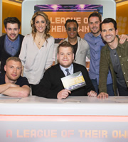 A League Of Their Own. Image shows from L to R: Jack Whitehall, Andrew Flintoff, Amy Williams, James Corden, Edgar Davids, Jamie Redknapp, Jimmy Carr. Copyright: CPL Productions