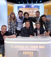 A League Of Their Own. Image shows from L to R: Andrew Flintoff, Sara Cox, Jack Whitehall, Harry Styles, James Corden, Jamie Redknapp, Niall Horan, Louis Tomlinson. Copyright: CPL Productions