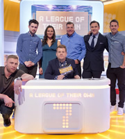 A League Of Their Own. Image shows from L to R: Andrew Flintoff, Jack Whitehall, Sarah Storey, James Corden, Sam Allardyce, David Walliams, Jamie Redknapp. Copyright: CPL Productions