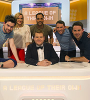 A League Of Their Own. Image shows from L to R: Jack Whitehall, Gabby Logan, James Corden, Joleon Lescott, Jon Richardson, Jamie Redknapp. Copyright: CPL Productions