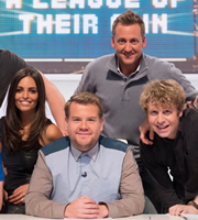 A League Of Their Own. Image shows from L to R: Olivia Wayne, James Corden, Ian Poulter, Josh Widdicombe. Copyright: CPL Productions