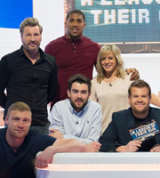 A League Of Their Own. Image shows from L to R: Andrew Flintoff, Robbie Savage, Anthony Joshua, Jack Whitehall, Jenny Jones, James Corden. Copyright: CPL Productions