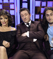 Lee Mack's All Star Cast. Image shows from L to R: Joan Collins, Lee Mack, Ross Noble. Copyright: Zeppotron / Arlo Productions