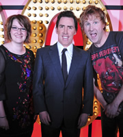 Live At The Apollo. Image shows from L to R: Sarah Millican, Rob Brydon, Ed Byrne. Copyright: Open Mike Productions