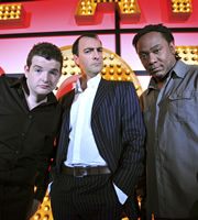 Live At The Apollo. Image shows from L to R: Kevin Bridges, Alistair McGowan, Reginald D Hunter. Copyright: Open Mike Productions