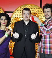 Live At The Apollo. Image shows from L to R: Shaparak Khorsandi, Kevin Bridges, Jack Whitehall. Copyright: Open Mike Productions