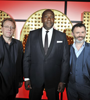 Live At The Apollo. Image shows from L to R: Mike Wilmot, Lenny Henry, Tommy Tiernan. Copyright: Open Mike Productions