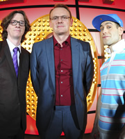 Live At The Apollo. Image shows from L to R: Ed Byrne, Sean Lock, Simon Brodkin. Copyright: Open Mike Productions