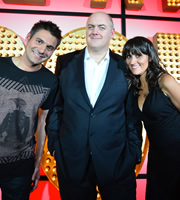 Live At The Apollo. Image shows from L to R: Danny Bhoy, Dara O Briain, Nina Conti. Copyright: Open Mike Productions