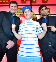 Live At The Apollo. Image shows from L to R: Stewart Francis, Simon Brodkin, Paul Chowdhry. Copyright: Open Mike Productions