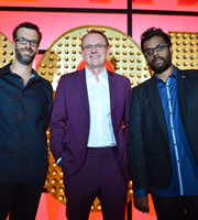 Live At The Apollo. Image shows from L to R: Marcus Brigstocke, Sean Lock, Romesh Ranganathan. Copyright: Open Mike Productions