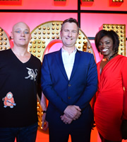 Live At The Apollo. Image shows from L to R: Terry Alderton, Adam Hills, Andi Osho. Copyright: Open Mike Productions