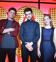 Live At The Apollo. Image shows from L to R: Rich Hall, Jack Whitehall, Katherine Ryan. Copyright: Open Mike Productions