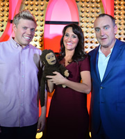 Live At The Apollo. Image shows from L to R: Rob Beckett, Nina Conti, Jimeoin. Copyright: Open Mike Productions