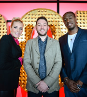 Live At The Apollo. Image shows from L to R: Sara Pascoe, Jon Richardson, Nathan Caton. Copyright: Open Mike Productions