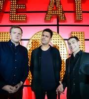 Live At The Apollo. Image shows from L to R: Miles Jupp, Danny Bhoy, Simon Brodkin. Copyright: Open Mike Productions