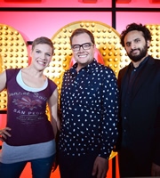 Live At The Apollo. Image shows from L to R: Francesca Martinez, Alan Carr, Nish Kumar. Copyright: Open Mike Productions