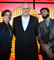 Live At The Apollo. Image shows from L to R: Zoe Lyons, Dara O Briain, Paul Chowdhry. Copyright: Open Mike Productions