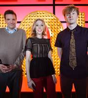 Live At The Apollo. Image shows from L to R: Henning Wehn, Katherine Ryan, James Acaster. Copyright: Open Mike Productions