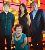 Live At The Apollo. Image shows from L to R: Josh Widdicombe, Tanyalee Davis, Nina Conti, Hal Cruttenden. Copyright: Open Mike Productions