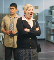 Lunch Monkeys. Image shows from L to R: Asif Khan (Abdullah Afzal), Mrs Wilson (Janice Connolly). Copyright: Channel K / BBC