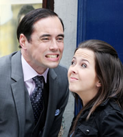 Lunch Monkeys. Image shows from L to R: Charlie Brierson (Steve John Shepherd), Shelley Benson (Rachel Rae). Copyright: Channel K / BBC