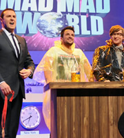 Mad Mad World. Image shows from L to R: Paddy McGuinness, Peter Andre, Rhys Darby. Copyright: Roughcut Television