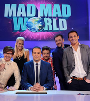 Mad Mad World. Image shows from L to R: Rhys Darby, Kimberly Wyatt, Paddy McGuinness, Rob Rouse, Rufus Hound, Joe Swash. Copyright: Roughcut Television