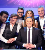 Mad Mad World. Image shows from L to R: Stephen K Amos, Rhys Darby, Rob Rouse, Stacey Solomon, Paddy McGuinness, Eamonn Holmes. Copyright: Roughcut Television