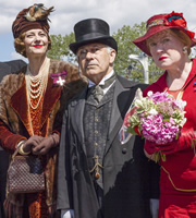 Mapp & Lucia. Image shows from L to R: Susan Wyse MBE (Pippa Haywood), Algernon Wyse (Nicholas Woodeson), Godiva 'Diva' Plaistow (Felicity Montagu). Copyright: BBC