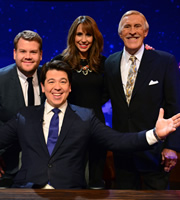 The Michael McIntyre Chat Show. Image shows from L to R: James Corden, Michael McIntyre, Alex Jones, Bruce Forsyth. Copyright: Open Mike Productions