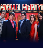 Michael McIntyre's Comedy Roadshow. Image shows from L to R: Jason Manford, Michael McIntyre, John Bishop, Sarah Millican, Mick Ferry. Copyright: Open Mike Productions