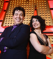 Michael McIntyre's Comedy Roadshow. Image shows from L to R: Michael McIntyre, Shaparak Khorsandi. Copyright: Open Mike Productions